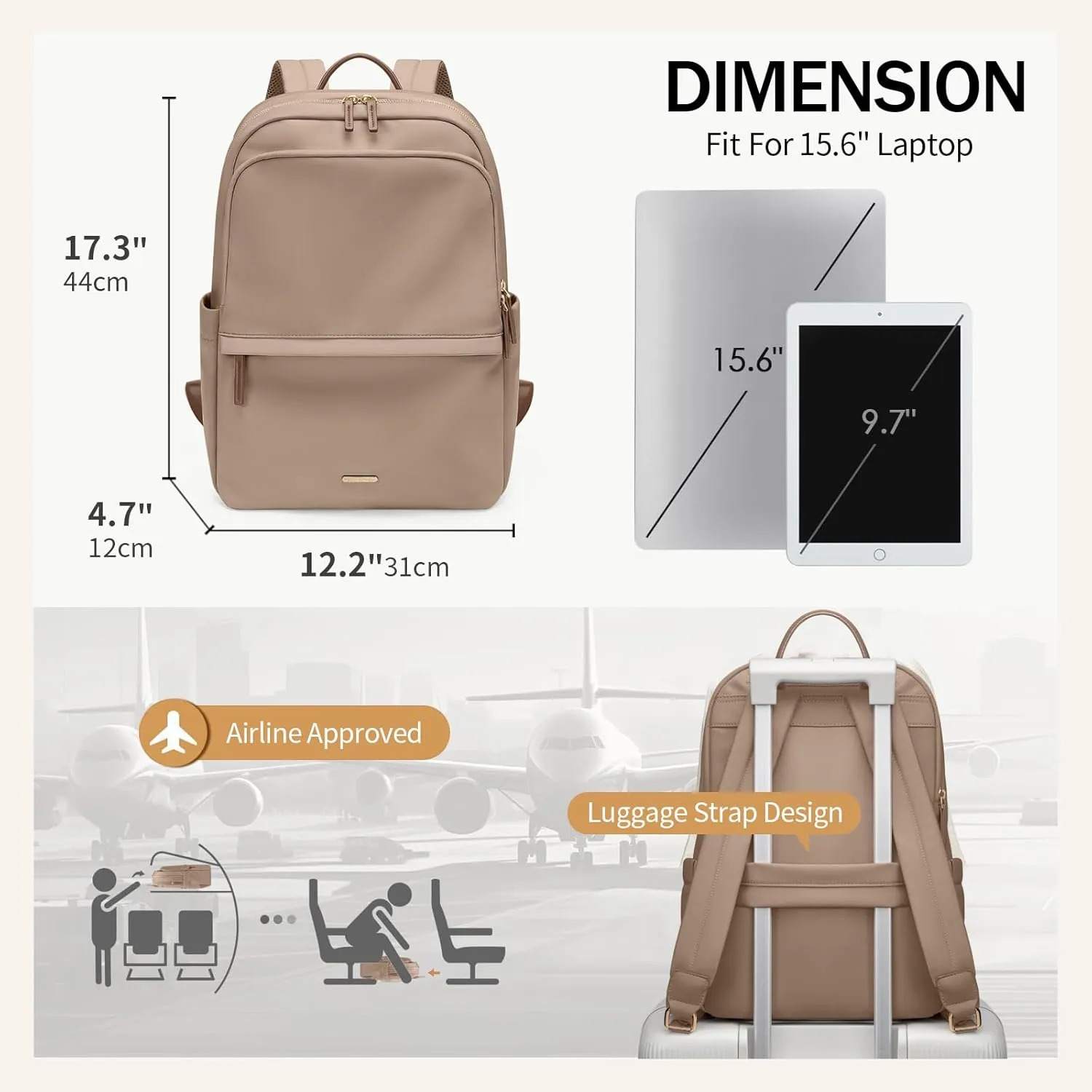 GOLF SUPAGS Women Laptop Backpack Casual Daypack for Work Travel College Backpack Purse Fits 15.6 Inch Notebook (Champagne)