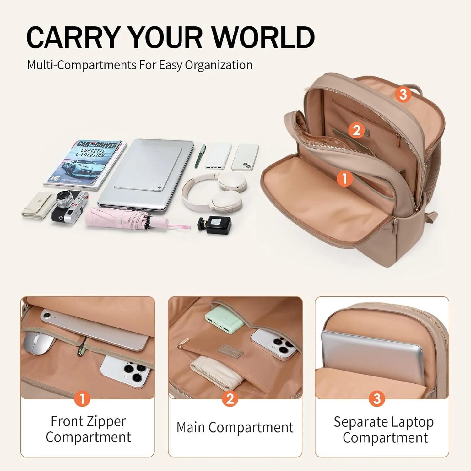 GOLF SUPAGS Women Laptop Backpack Casual Daypack for Work Travel College Backpack Purse Fits 15.6 Inch Notebook (Champagne)