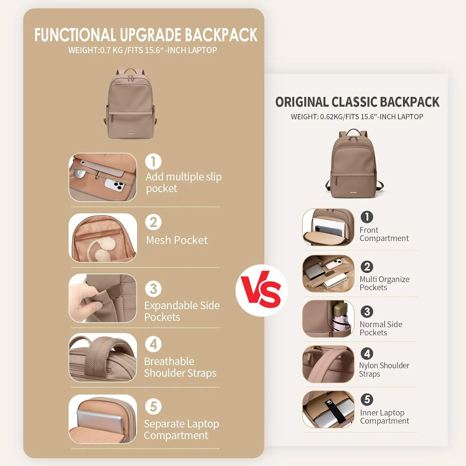 GOLF SUPAGS Women Laptop Backpack Casual Daypack for Work Travel College Backpack Purse Fits 15.6 Inch Notebook (Champagne)