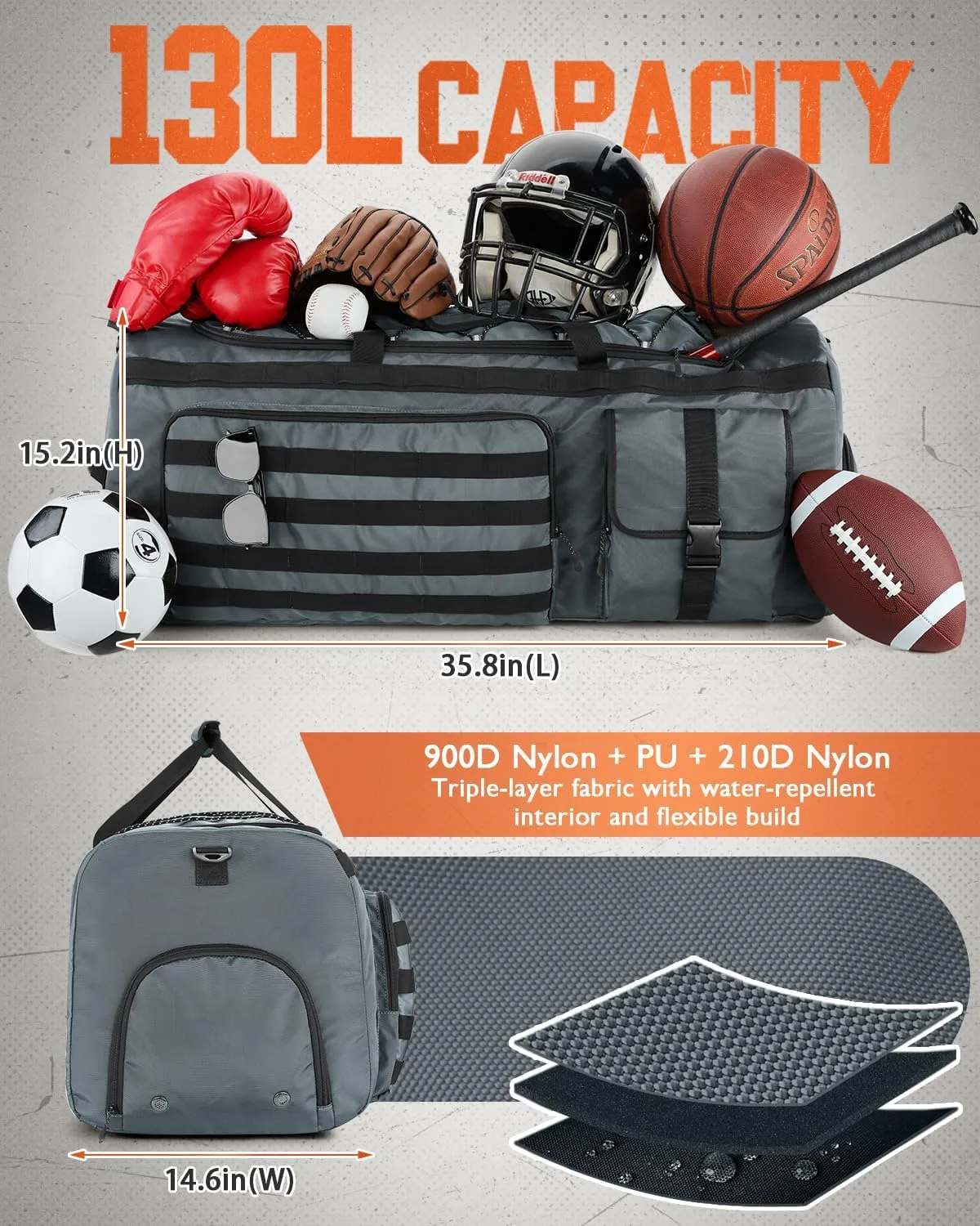 Gonex 130L Extra Large Duffel Bag for Men, Heavy Duty 3 in 1 Convertible Carry Travel Duffle, with Shoe Compartment, Tactical Loops, Sports Gear Bag for Family Trips (Gray)