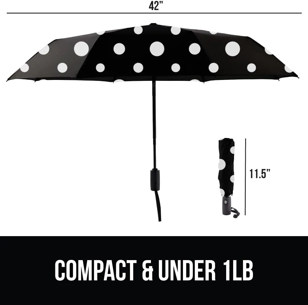 GORILLA GRIP Windproof Compact Stick Umbrella for Rain, One-Click Automatic Open and Close, Strong Reinforced Fiberglass Ribs, Easily Collapsible, Lightweight Portable Umbrellas for Travel, Polka Dots