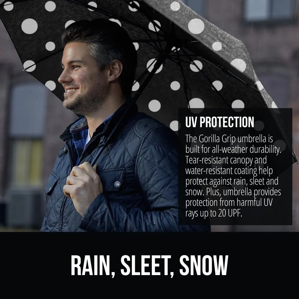 GORILLA GRIP Windproof Compact Stick Umbrella for Rain, One-Click Automatic Open and Close, Strong Reinforced Fiberglass Ribs, Easily Collapsible, Lightweight Portable Umbrellas for Travel, Polka Dots