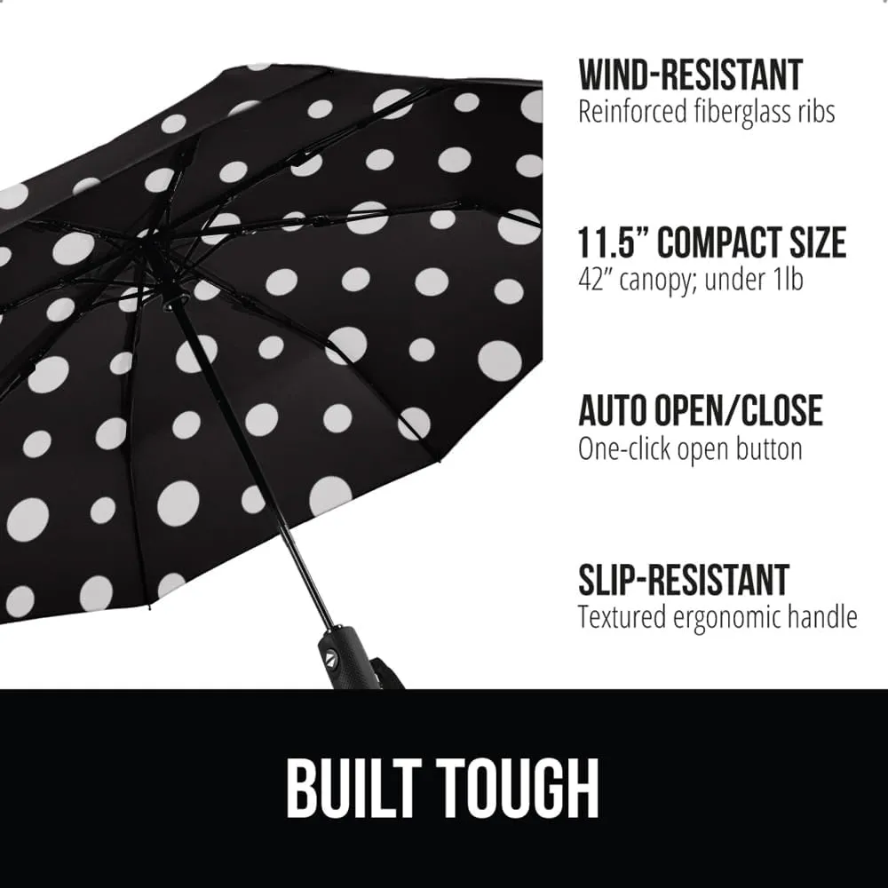 GORILLA GRIP Windproof Compact Stick Umbrella for Rain, One-Click Automatic Open and Close, Strong Reinforced Fiberglass Ribs, Easily Collapsible, Lightweight Portable Umbrellas for Travel, Polka Dots