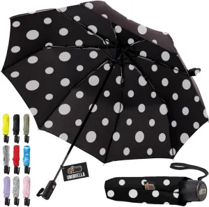 GORILLA GRIP Windproof Compact Stick Umbrella for Rain, One-Click Automatic Open and Close, Strong Reinforced Fiberglass Ribs, Easily Collapsible, Lightweight Portable Umbrellas for Travel, Polka Dots