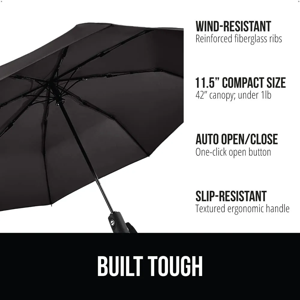 GORILLA GRIP Windproof Compact Stick Umbrella for Rain, Travel One-Click Automatic Open and Close, Lightweight, Portable, Strong Reinforced Fiberglass Ribs, Easily Collapsible, Black