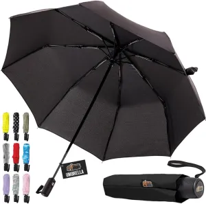 GORILLA GRIP Windproof Compact Stick Umbrella for Rain, Travel One-Click Automatic Open and Close, Lightweight, Portable, Strong Reinforced Fiberglass Ribs, Easily Collapsible, Black