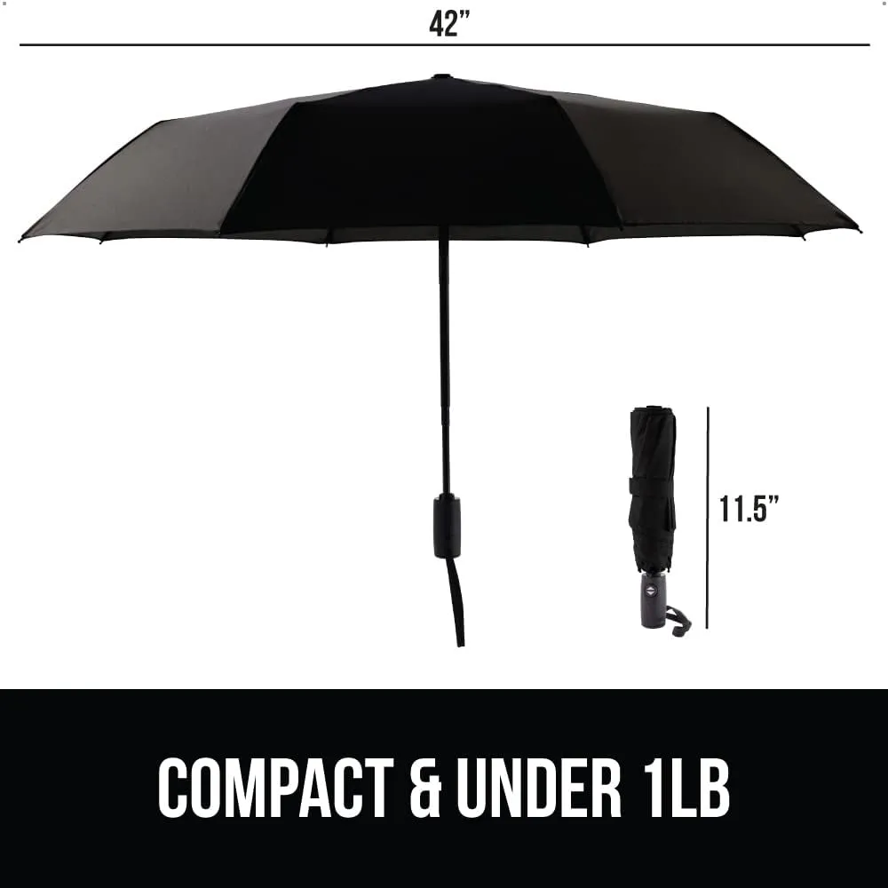 GORILLA GRIP Windproof Compact Stick Umbrella for Rain, Travel One-Click Automatic Open and Close, Lightweight, Portable, Strong Reinforced Fiberglass Ribs, Easily Collapsible, Black