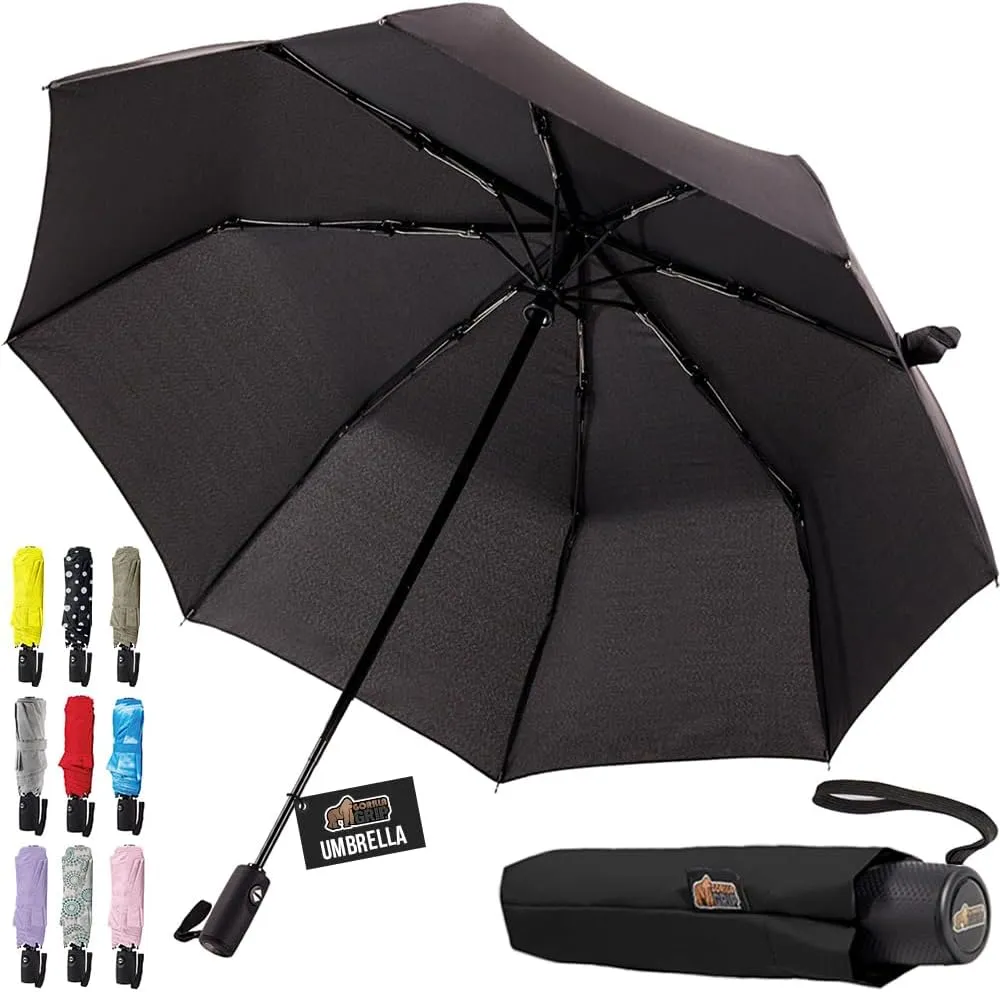 GORILLA GRIP Windproof Compact Stick Umbrella for Rain, Travel One-Click Automatic Open and Close, Lightweight, Portable, Strong Reinforced Fiberglass Ribs, Easily Collapsible, Black
