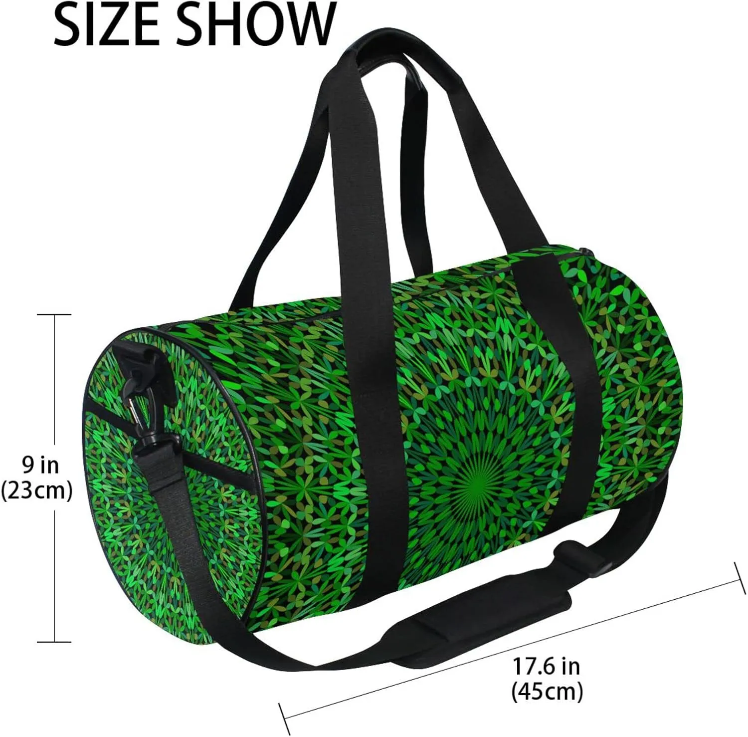 Green Kaleidoscope Mandala Floral Flower Tribal Ethnic Motifs Duffel Bag, Foldable Canvas Travel Tote for Gym Sports with Inner Pockets, Durable Lightweight Fitness Bag for Overnight Workout