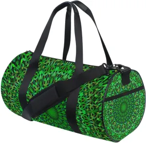 Green Kaleidoscope Mandala Floral Flower Tribal Ethnic Motifs Duffel Bag, Foldable Canvas Travel Tote for Gym Sports with Inner Pockets, Durable Lightweight Fitness Bag for Overnight Workout