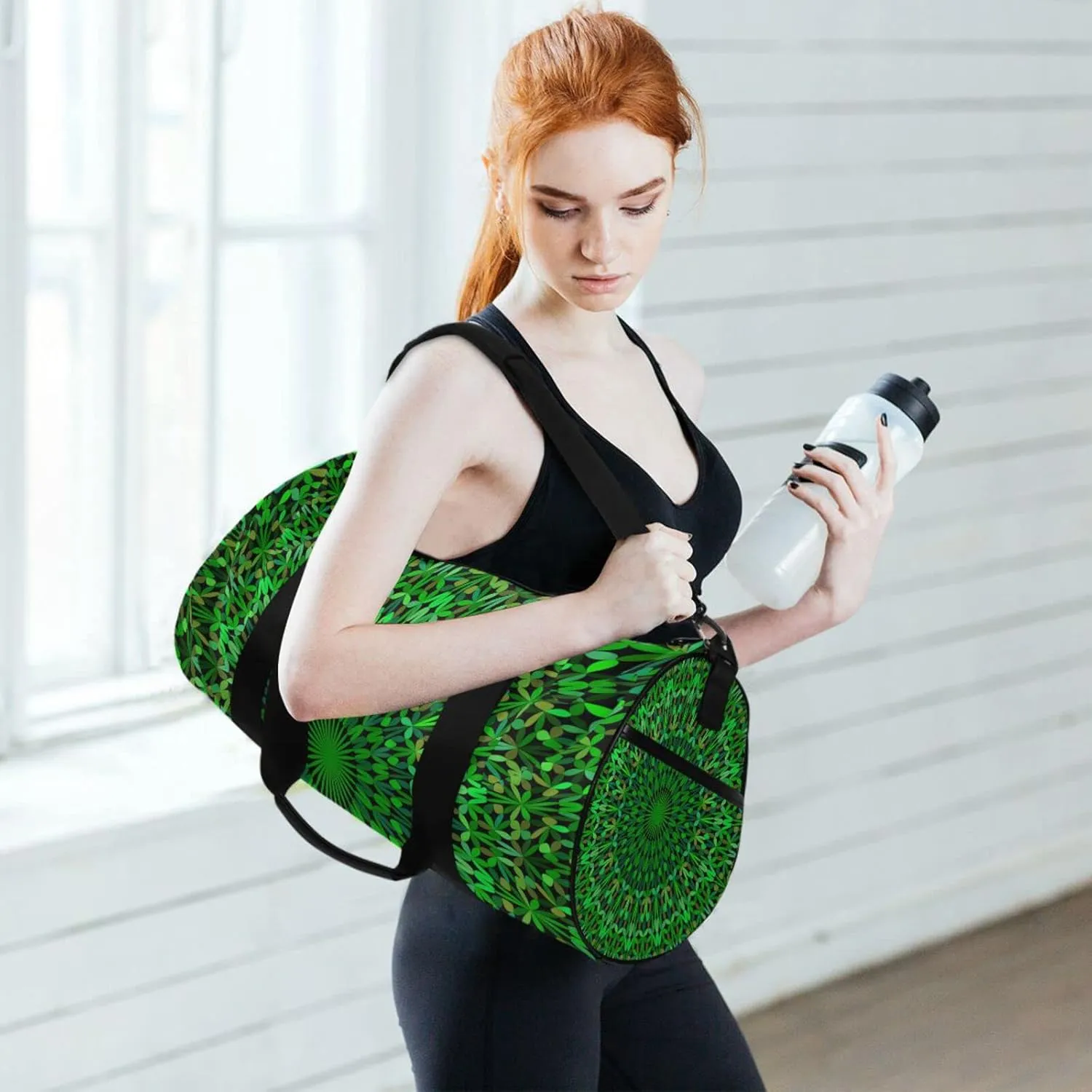 Green Kaleidoscope Mandala Floral Flower Tribal Ethnic Motifs Duffel Bag, Foldable Canvas Travel Tote for Gym Sports with Inner Pockets, Durable Lightweight Fitness Bag for Overnight Workout