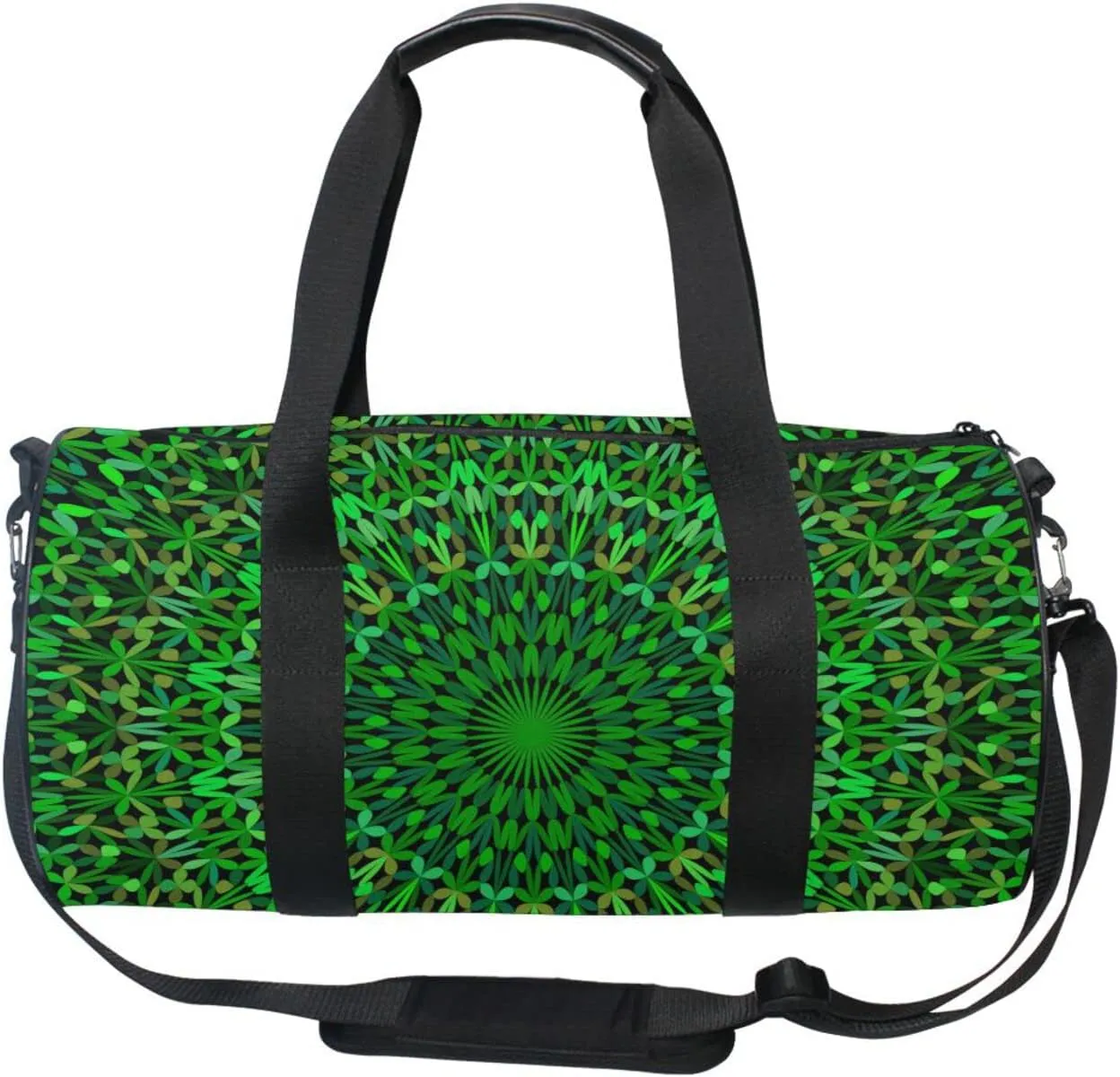 Green Kaleidoscope Mandala Floral Flower Tribal Ethnic Motifs Duffel Bag, Foldable Canvas Travel Tote for Gym Sports with Inner Pockets, Durable Lightweight Fitness Bag for Overnight Workout
