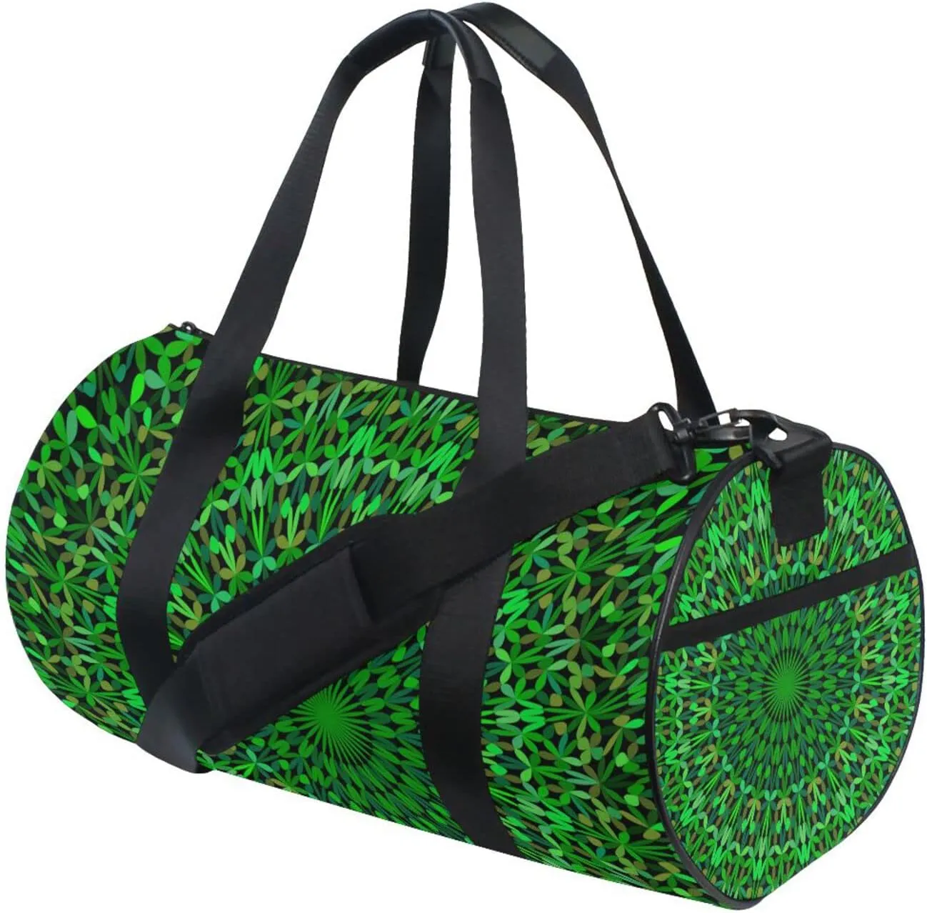 Green Kaleidoscope Mandala Floral Flower Tribal Ethnic Motifs Duffel Bag, Foldable Canvas Travel Tote for Gym Sports with Inner Pockets, Durable Lightweight Fitness Bag for Overnight Workout
