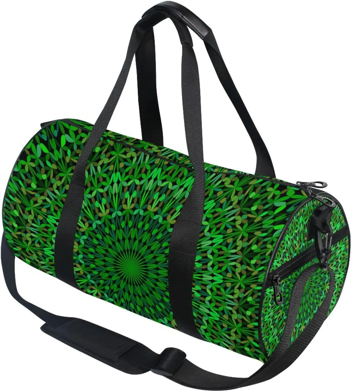 Green Kaleidoscope Mandala Floral Flower Tribal Ethnic Motifs Duffel Bag, Foldable Canvas Travel Tote for Gym Sports with Inner Pockets, Durable Lightweight Fitness Bag for Overnight Workout
