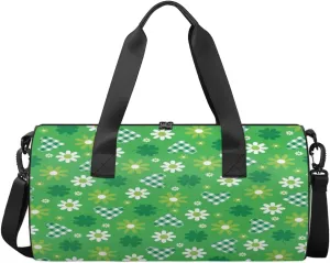 Green Plaid Love Flower Sports Duffel Bag, Gym Tote Bag Waterproof Weekender Travel Bag for Overnight Travel Luggage Workout Women Men