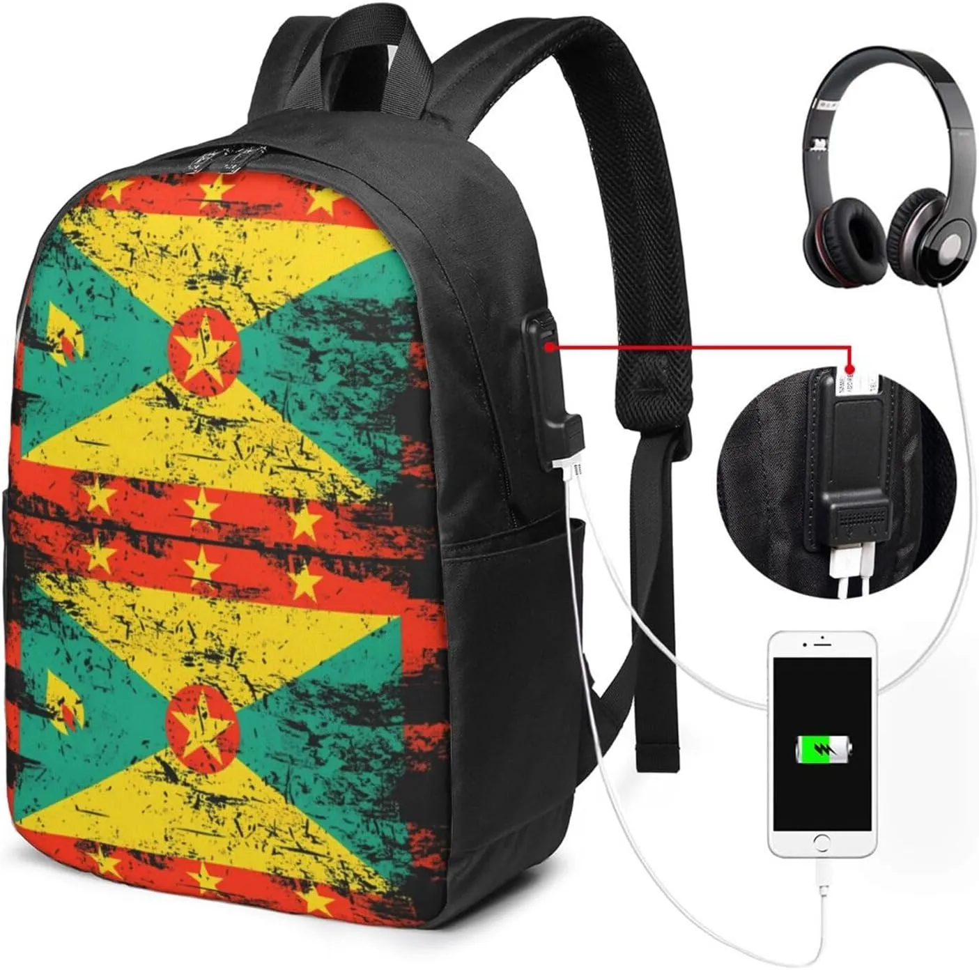 Grenada Flag Travel Backpack 17-Inch Laptop Backpacks Business Rucksack Casual Sport Daypack with USB Charging Port Carry-on Bag for Camping Biking