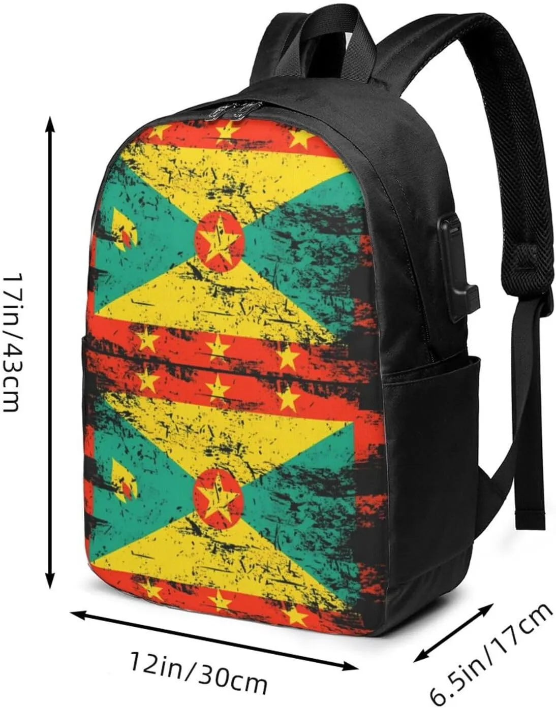 Grenada Flag Travel Backpack 17-Inch Laptop Backpacks Business Rucksack Casual Sport Daypack with USB Charging Port Carry-on Bag for Camping Biking