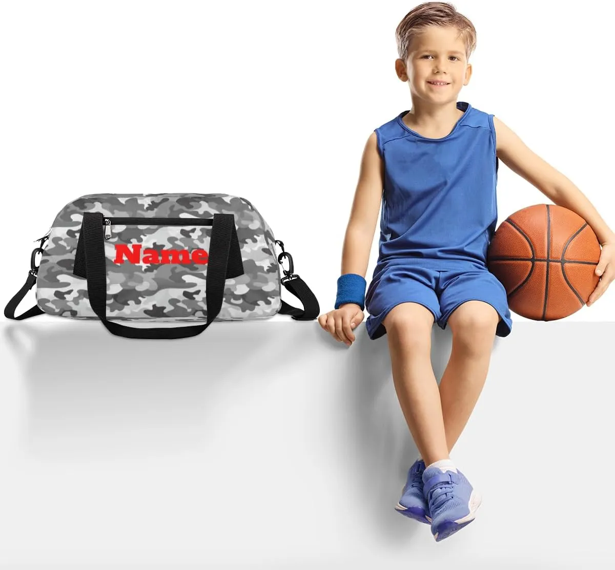 Grey Camo Camouflage Custom Kids Duffel Bags Personalized Customized Girls Dance Bag Custom Name Sports Gym Bag Foldable Overnight Weekender Sleepover Carry On Travel Tote Bag for Boys Girls