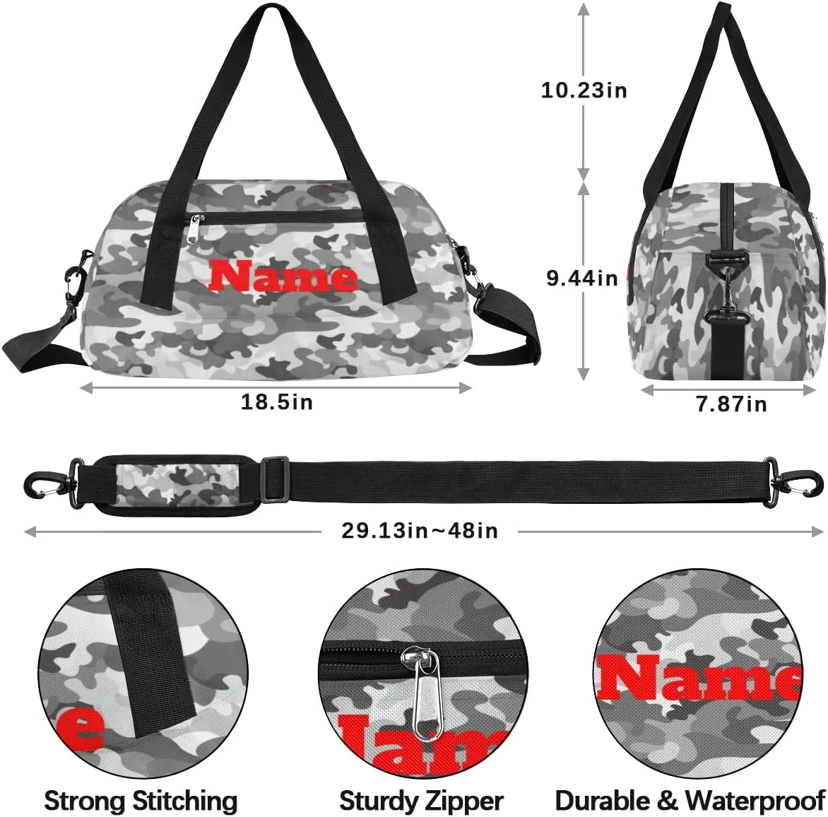 Grey Camo Camouflage Custom Kids Duffel Bags Personalized Customized Girls Dance Bag Custom Name Sports Gym Bag Foldable Overnight Weekender Sleepover Carry On Travel Tote Bag for Boys Girls