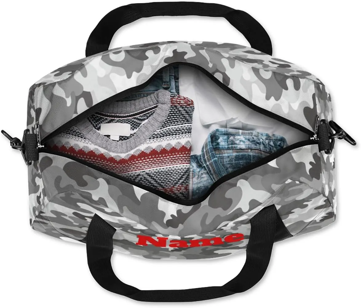 Grey Camo Camouflage Custom Kids Duffel Bags Personalized Customized Girls Dance Bag Custom Name Sports Gym Bag Foldable Overnight Weekender Sleepover Carry On Travel Tote Bag for Boys Girls