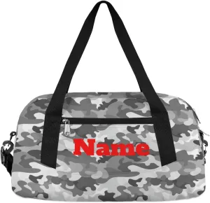 Grey Camo Camouflage Custom Kids Duffel Bags Personalized Customized Girls Dance Bag Custom Name Sports Gym Bag Foldable Overnight Weekender Sleepover Carry On Travel Tote Bag for Boys Girls