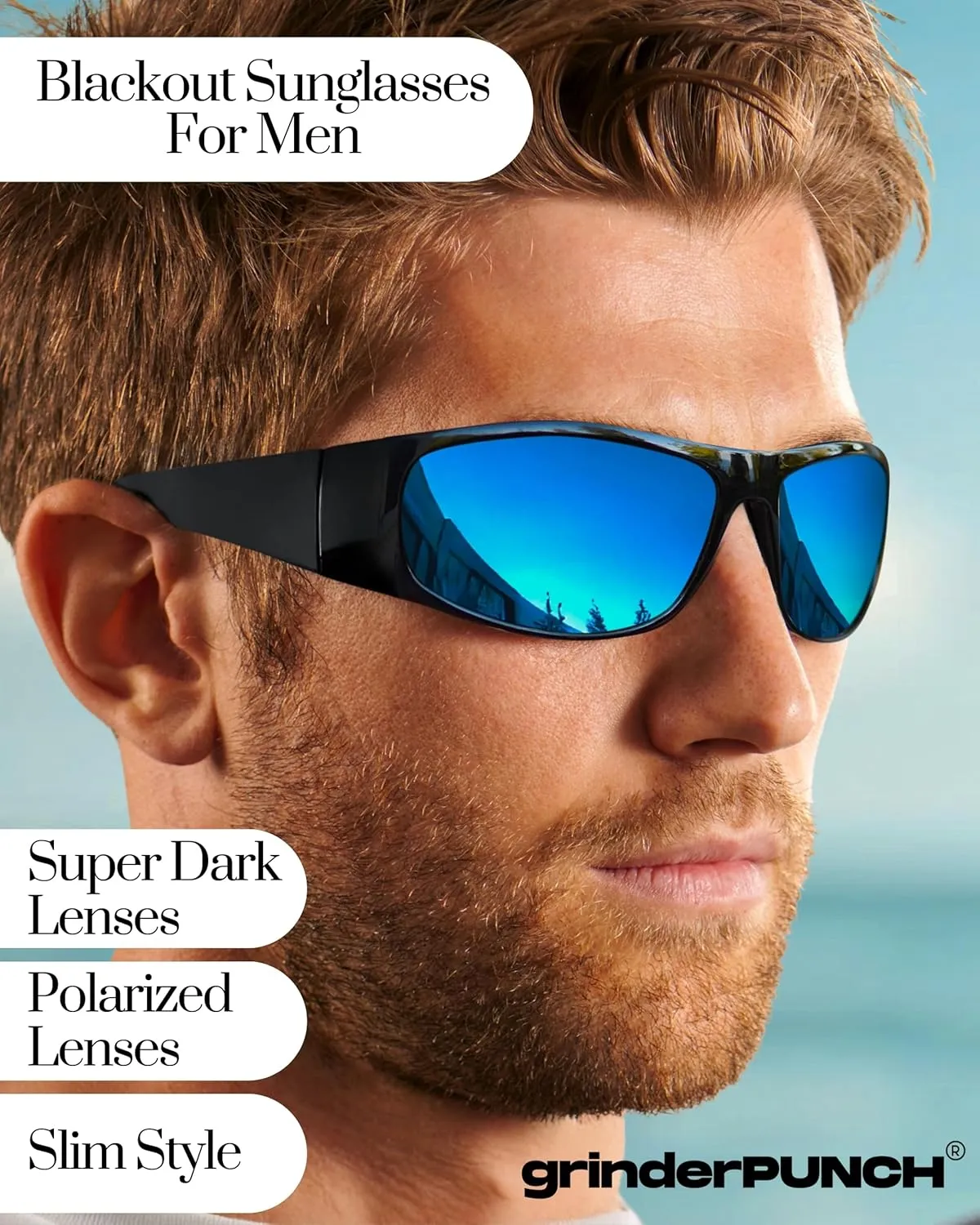 grinderPUNCH Super Dark Polarized Black Sunglasses | Biker Style Rider | Wrap Around Style Lightweight UV Protection
