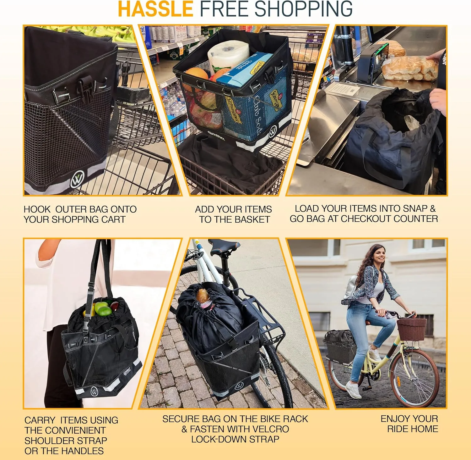 Grocery Panniers for Bicycles and Ebikes - Water Resistant Rear Rack Bags with Detachable Inner Grocery Bag & Folding Basket - Fast & Easy Installation (22.5L & 45L Options)