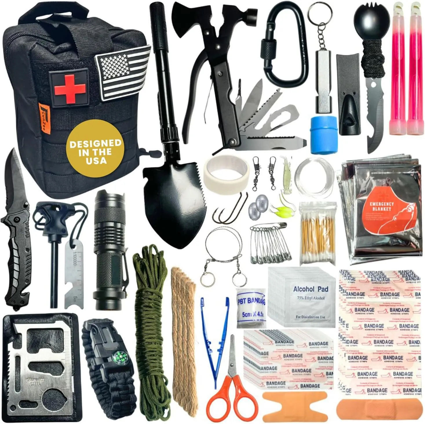 GunZee 175-Piece Survival Kit, First Aid Kit for Emergency and Outdoor Adventures, IFAK, Fishing Gear, MOLLE-Compatible Bag, for Car, Camping, Hiking, Earthquake, Tornado, Gifts for Men and Women
