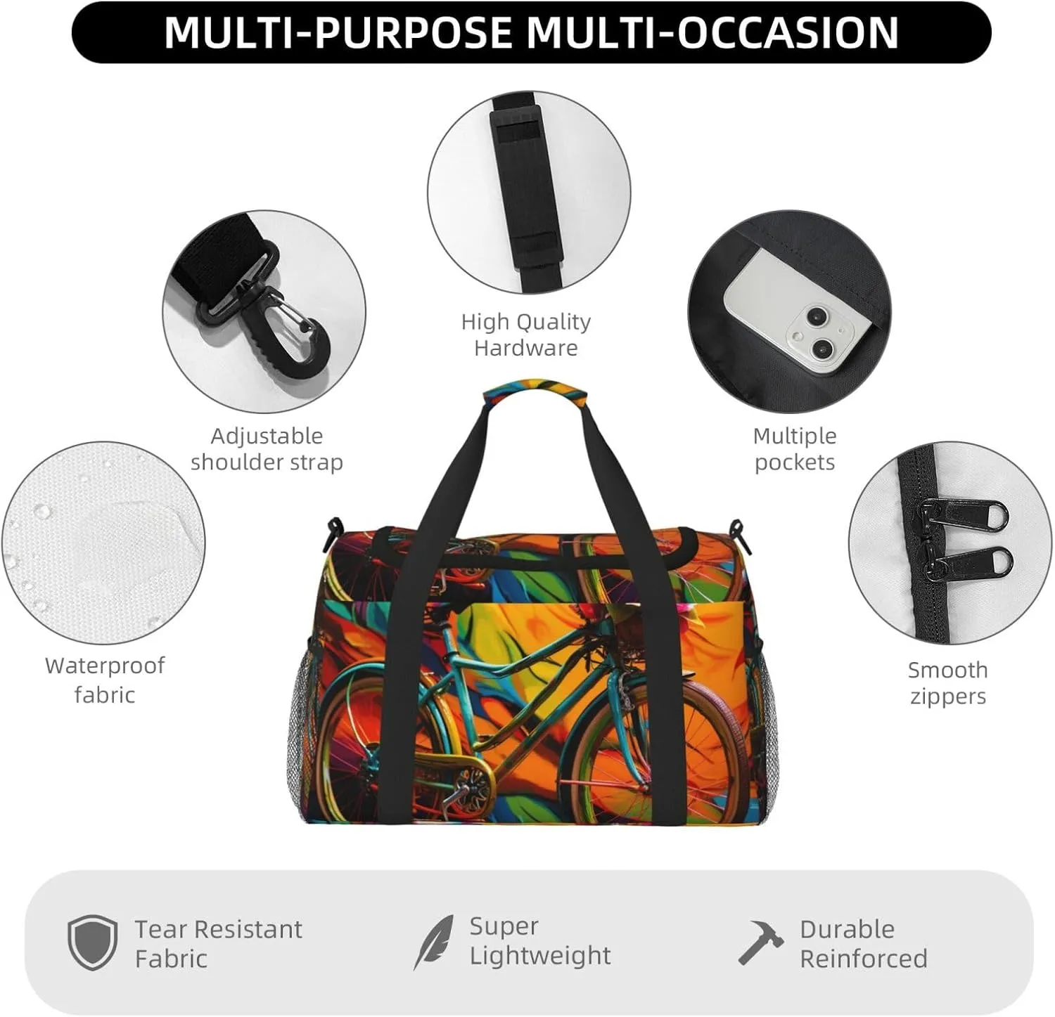Gym Bag Colorful bicycle Duffel Bag for Men Women Travel Overnight Bag with Shoe Compartment Workout Bags