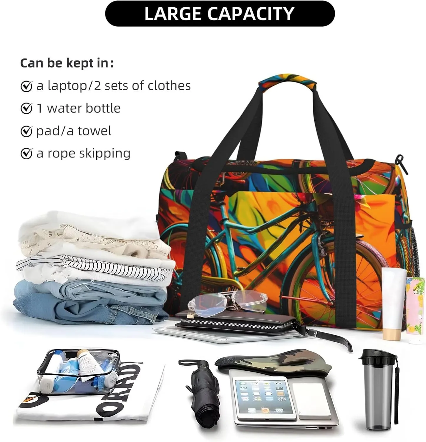 Gym Bag Colorful bicycle Duffel Bag for Men Women Travel Overnight Bag with Shoe Compartment Workout Bags