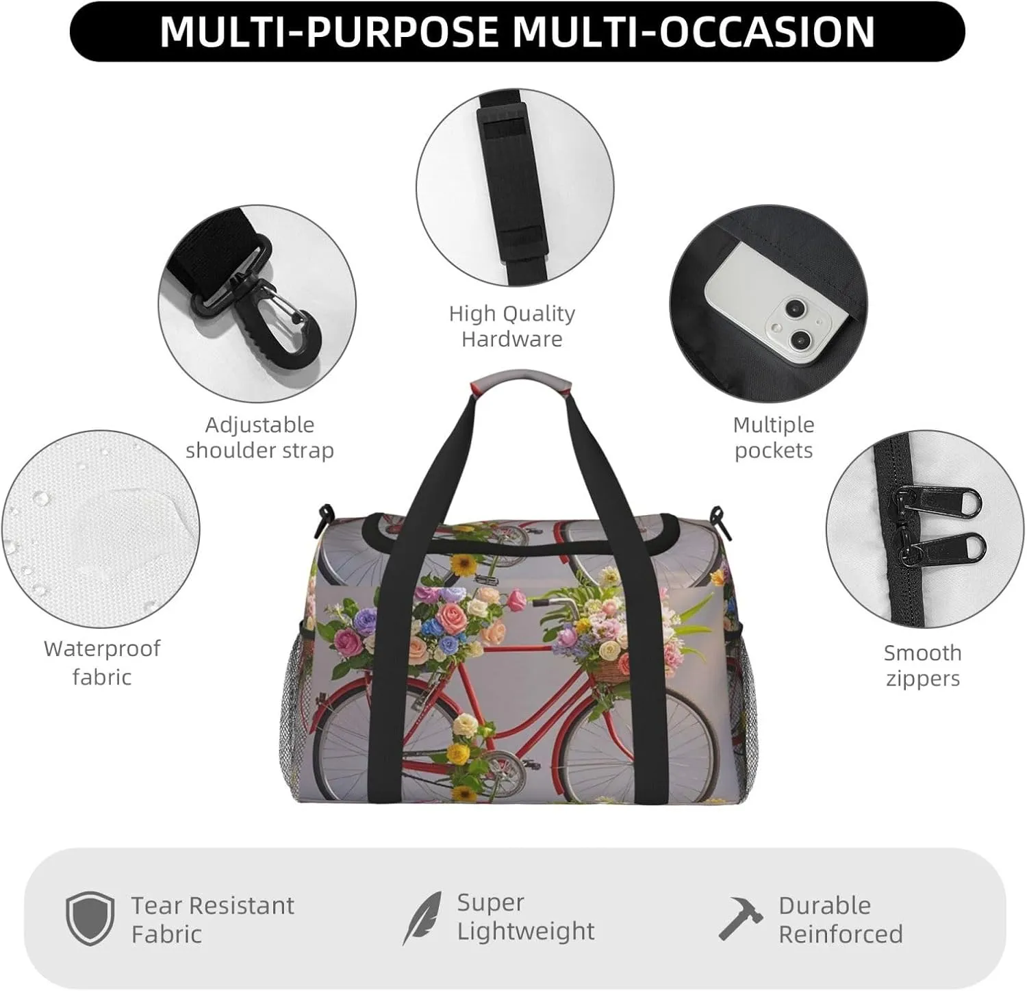 Gym Bag Flower bicycle Duffel Bag for Men Women Travel Overnight Bag with Shoe Compartment Workout Bags