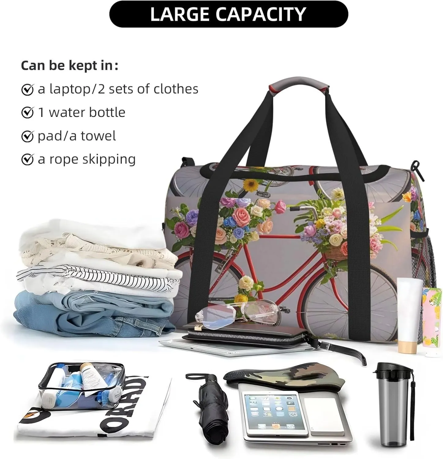 Gym Bag Flower bicycle Duffel Bag for Men Women Travel Overnight Bag with Shoe Compartment Workout Bags