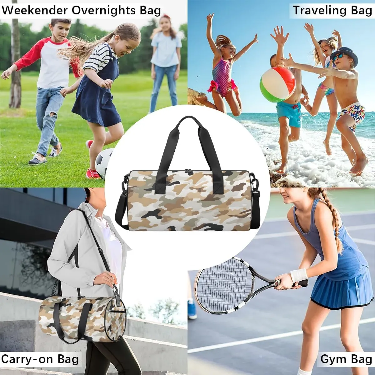 Gym Bags for Men Women Camouflage Sports Duffel Bags Carry On Travel Duffle Bag with Detachable Adjustable Shoulder Strap Overnight Weekender Bag