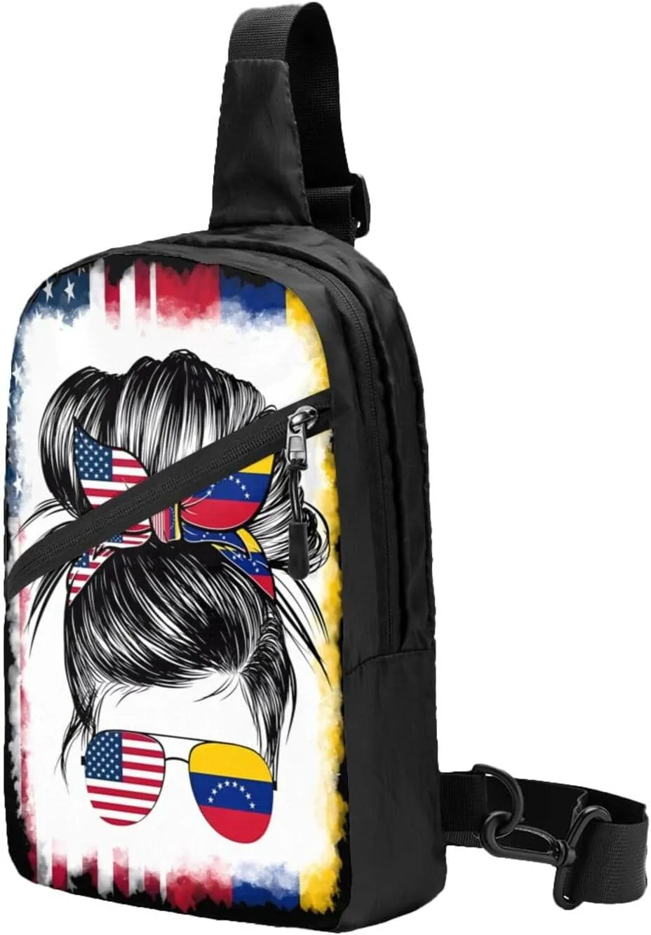 Half Venezuelan American Flag Venezuela Messy Hair Sunglasses Crossbody Bag Portable Sling Bags Foldable Chest Daypack Reusable Sports Shoulder Backpack Diagonally Casual Rucksack Travel Bag