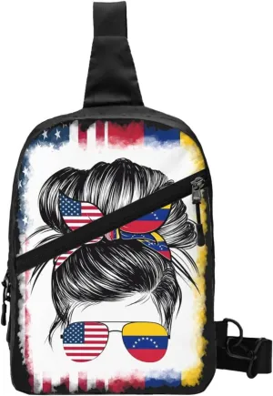 Half Venezuelan American Flag Venezuela Messy Hair Sunglasses Crossbody Bag Portable Sling Bags Foldable Chest Daypack Reusable Sports Shoulder Backpack Diagonally Casual Rucksack Travel Bag