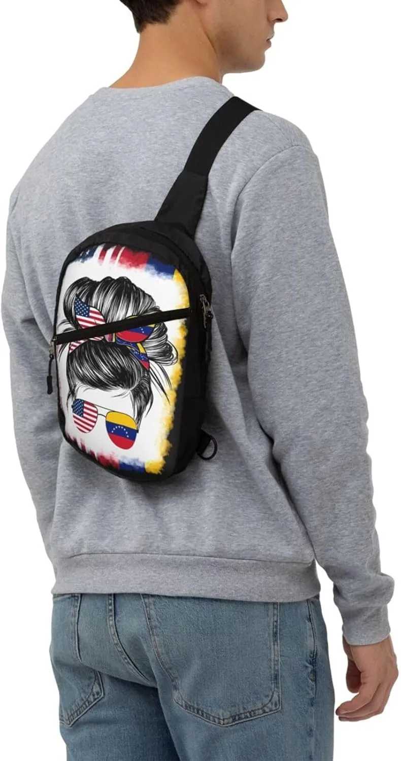 Half Venezuelan American Flag Venezuela Messy Hair Sunglasses Crossbody Bag Portable Sling Bags Foldable Chest Daypack Reusable Sports Shoulder Backpack Diagonally Casual Rucksack Travel Bag