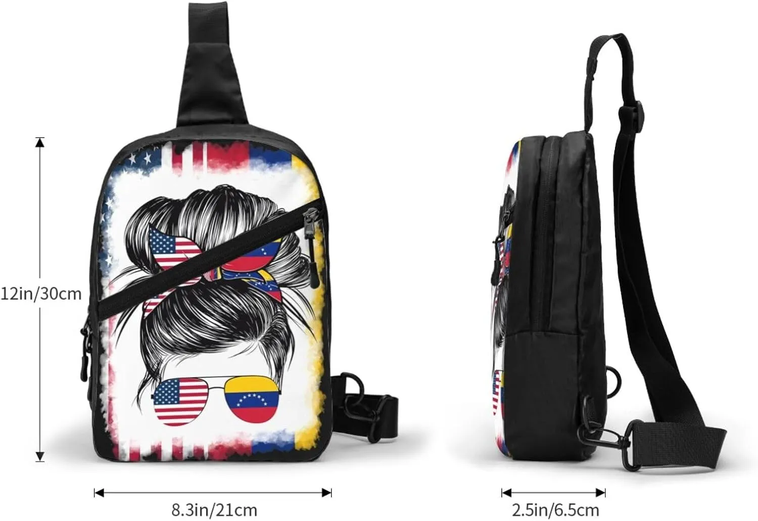 Half Venezuelan American Flag Venezuela Messy Hair Sunglasses Crossbody Bag Portable Sling Bags Foldable Chest Daypack Reusable Sports Shoulder Backpack Diagonally Casual Rucksack Travel Bag