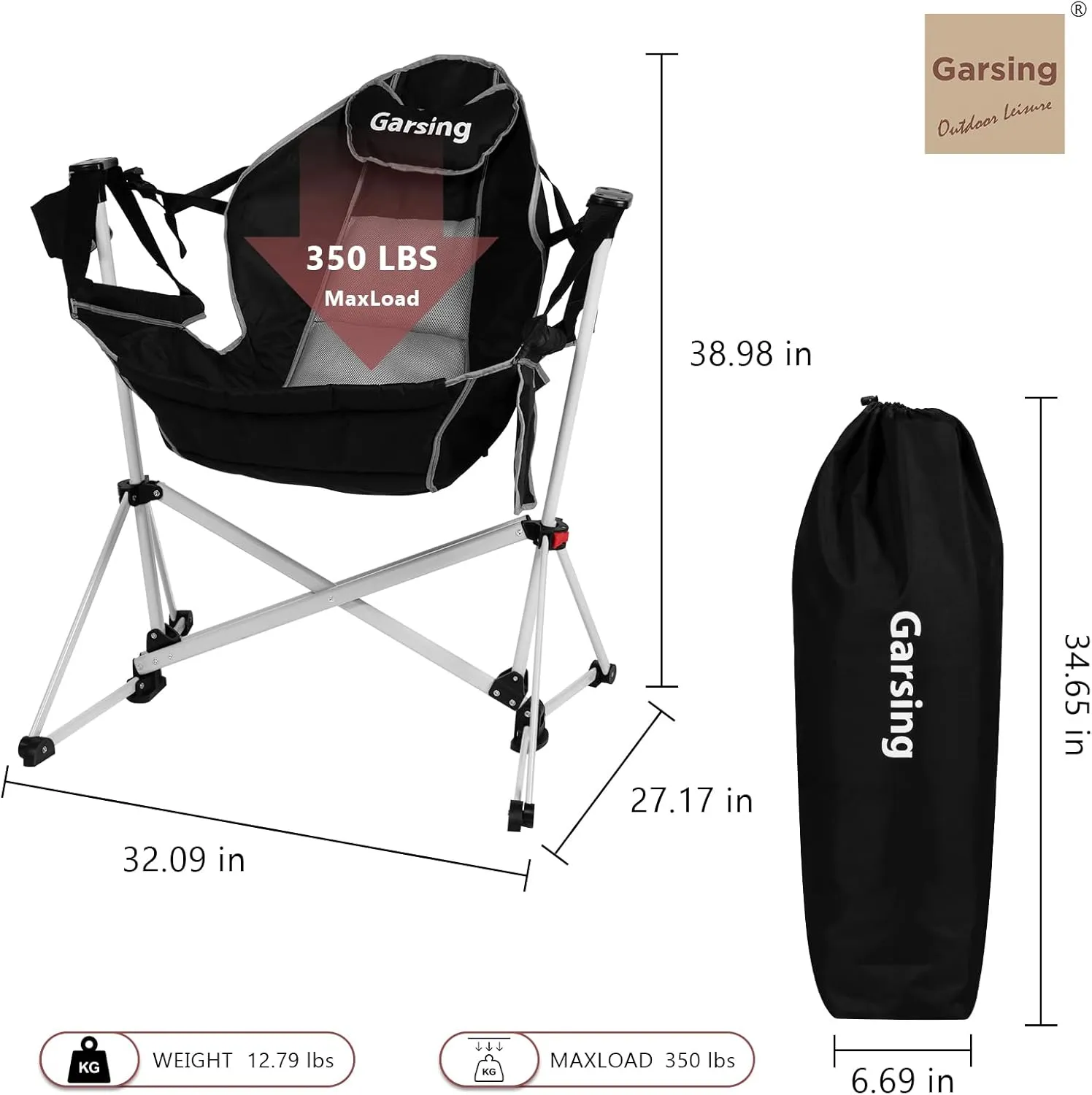 Hammock Camping Chair, Folding Portable Rocking Chair, Aluminum Alloy Adjustable Back Swinging Chair with Pillow Cup Holder, Recliner with Carry Bag for Outdoor Travel Lawn Backyard, Black