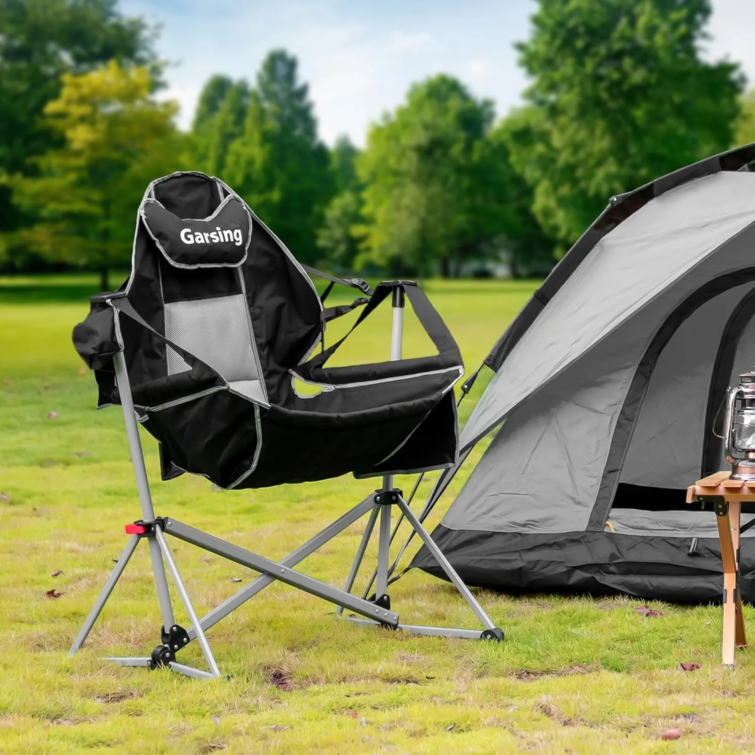 Hammock Camping Chair, Folding Portable Rocking Chair, Aluminum Alloy Adjustable Back Swinging Chair with Pillow Cup Holder, Recliner with Carry Bag for Outdoor Travel Lawn Backyard, Black