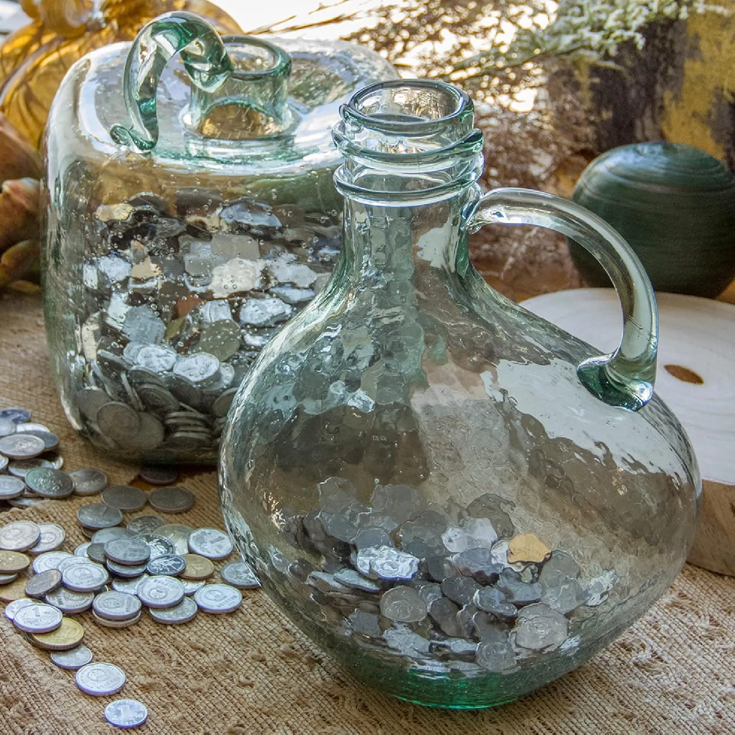 Hand Blown Glass Money Jar, Clear Glass Vase, Adult Piggy Bank for Storing Coins, Good as Table Decor and Centerpiece(Oval)