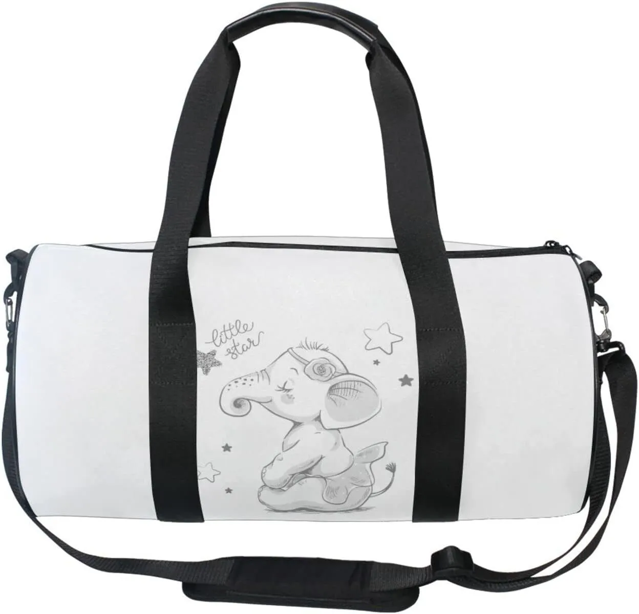 Hand Drawn Cute Cartoon Elephant Ballerina Girl Flower Star Duffel Bag, Foldable Canvas Travel Tote for Gym Sports with Inner Pockets, Durable Lightweight Fitness Bag for Overnight Workout