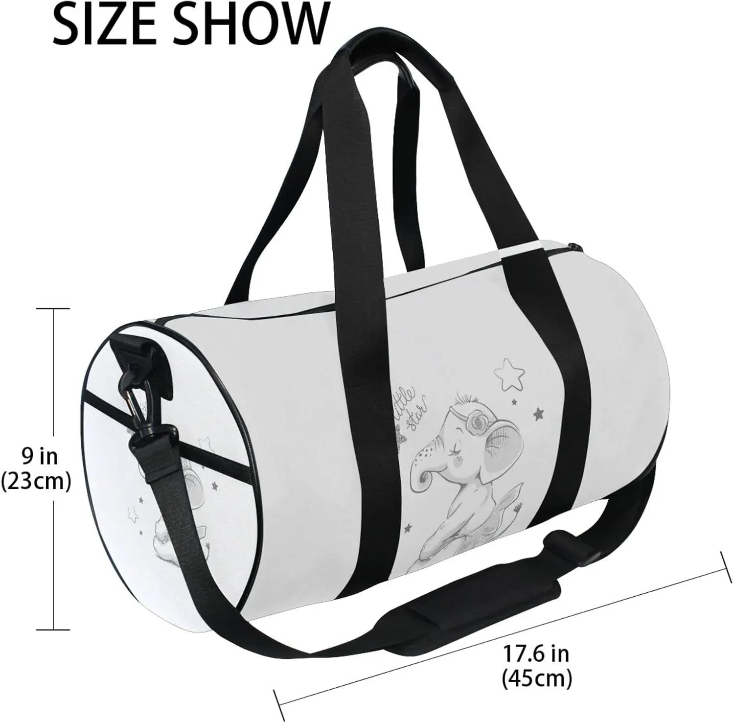 Hand Drawn Cute Cartoon Elephant Ballerina Girl Flower Star Duffel Bag, Foldable Canvas Travel Tote for Gym Sports with Inner Pockets, Durable Lightweight Fitness Bag for Overnight Workout