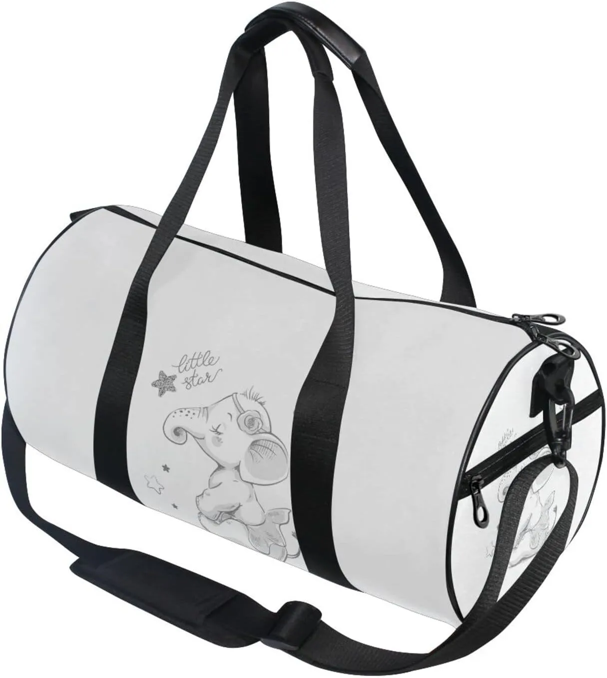 Hand Drawn Cute Cartoon Elephant Ballerina Girl Flower Star Duffel Bag, Foldable Canvas Travel Tote for Gym Sports with Inner Pockets, Durable Lightweight Fitness Bag for Overnight Workout