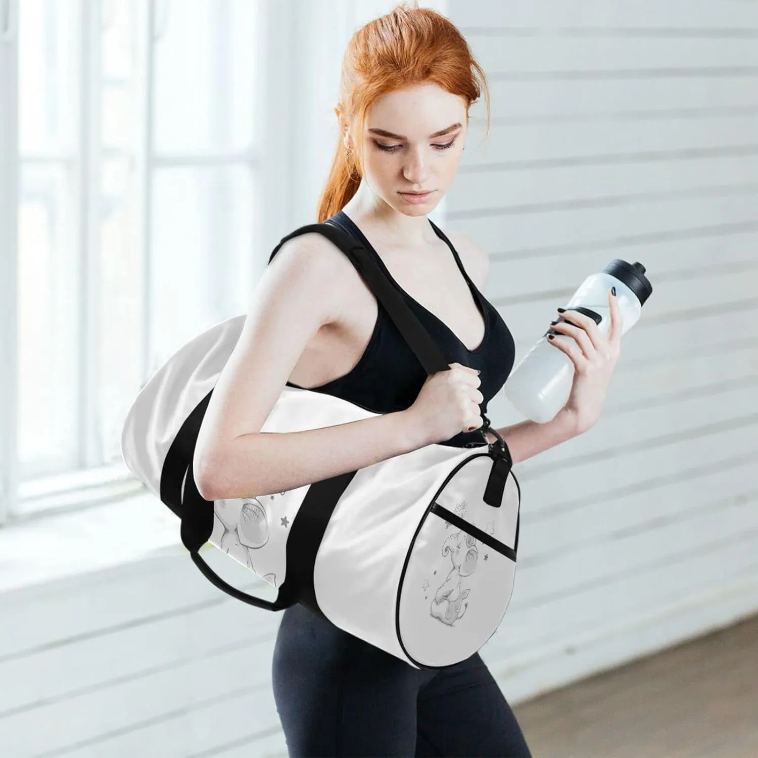 Hand Drawn Cute Cartoon Elephant Ballerina Girl Flower Star Duffel Bag, Foldable Canvas Travel Tote for Gym Sports with Inner Pockets, Durable Lightweight Fitness Bag for Overnight Workout