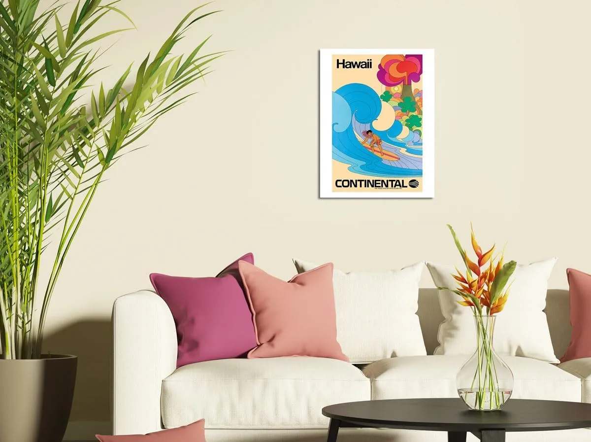 Hawaii - Hawaiian Surfer - Psychedelic Flower Power Art - Continental Airlines - Vintage Airline Travel Poster c.1960s - Master Art Print (Unframed) 13in x 19in
