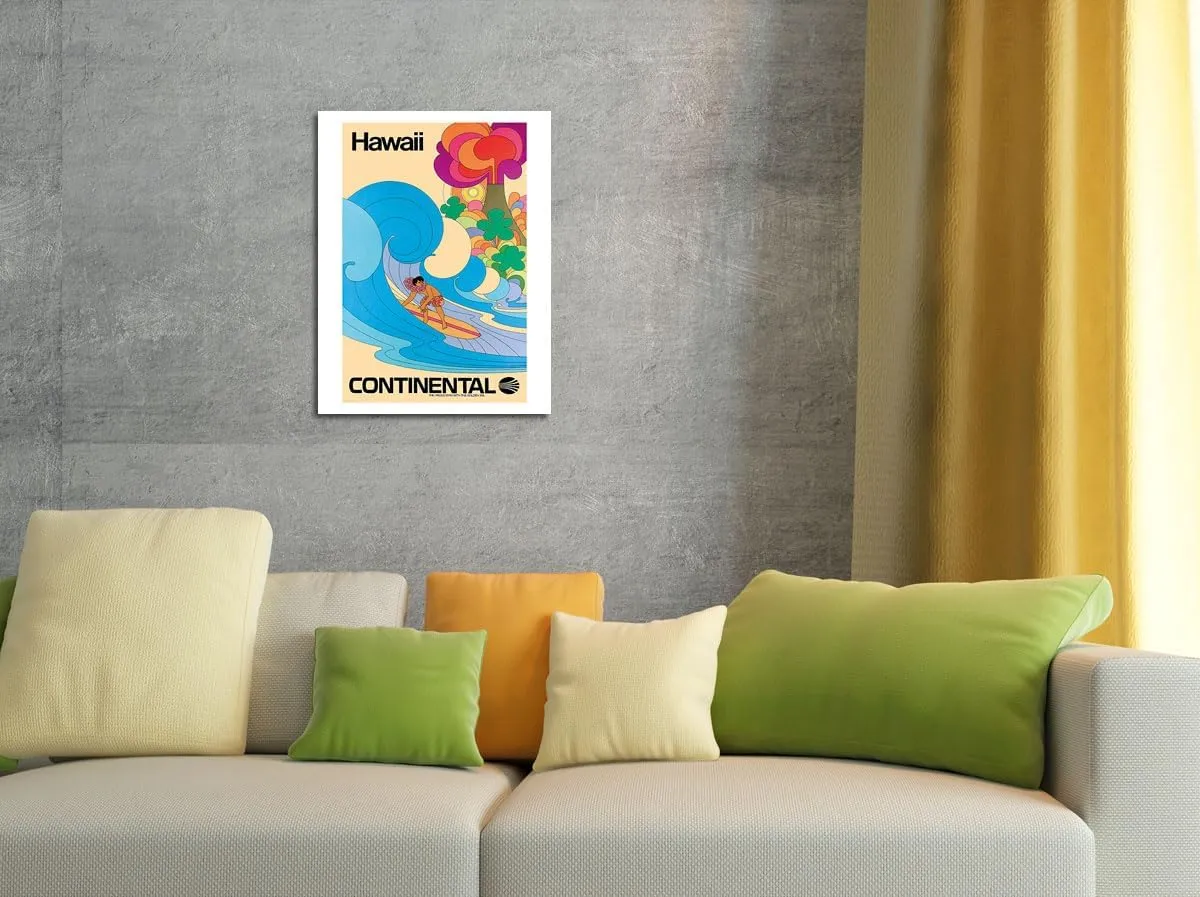 Hawaii - Hawaiian Surfer - Psychedelic Flower Power Art - Continental Airlines - Vintage Airline Travel Poster c.1960s - Master Art Print (Unframed) 13in x 19in