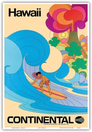 Hawaii - Hawaiian Surfer - Psychedelic Flower Power Art - Continental Airlines - Vintage Airline Travel Poster c.1960s - Master Art Print (Unframed) 13in x 19in
