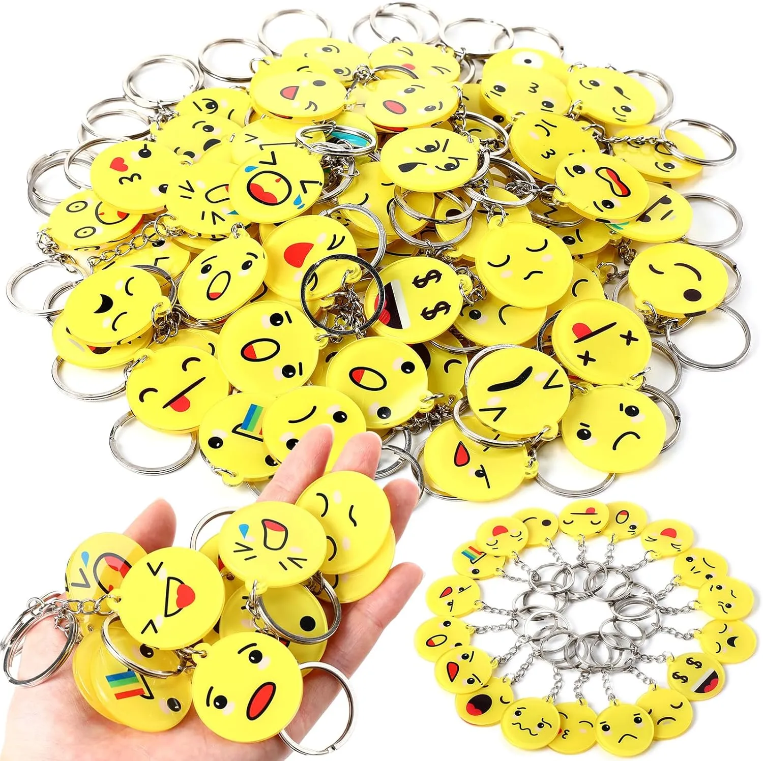 Henoyso 100 Pack Mini Emoticon Keychain Cute Acrylic Key Rings Bulk 100 Expressions Fun Keychains for Party Favors Valentine‘s Day Birthday Party Supplies Emoticon Gifts Toys Carnival Prizes