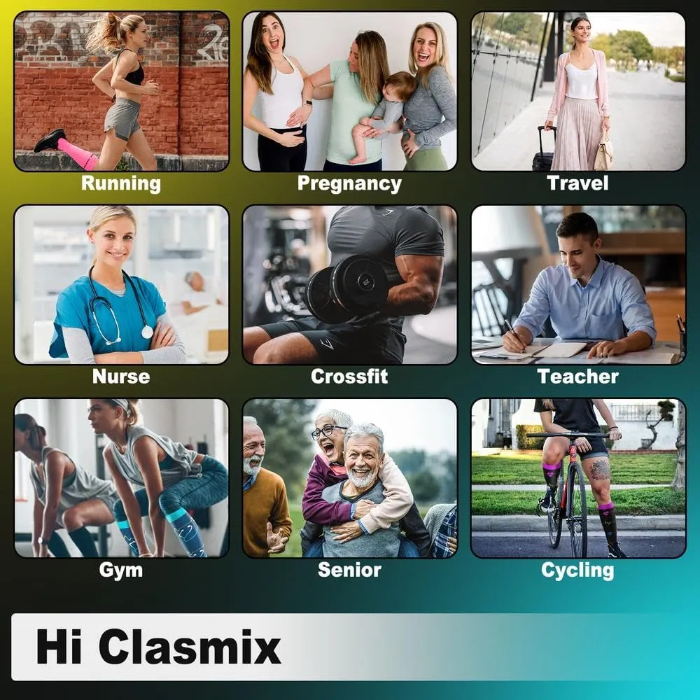Hi Clasmix Graduated Compression Socks for Women&Men Wide Calf Comfort Best for Circulation,Pregnancy,Media,Nurse,Running,Travel