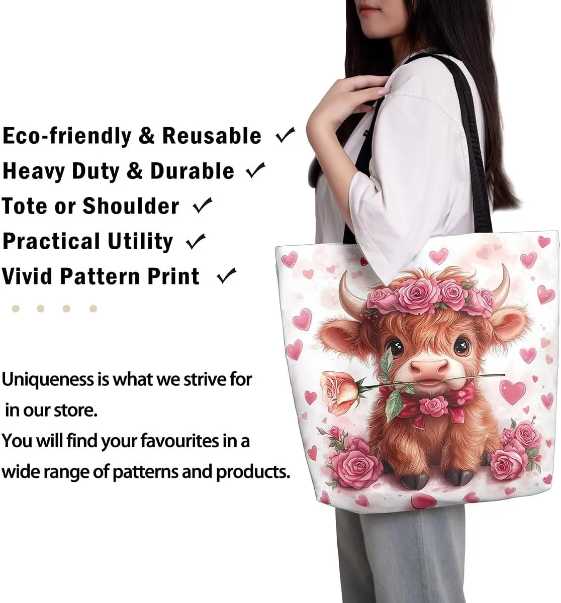 Highland Cattle Canvas Tote Bag,Bohemia Tribal Travel Beach Handbags,Jungle Flower Grocery Bags for Shopping Gym